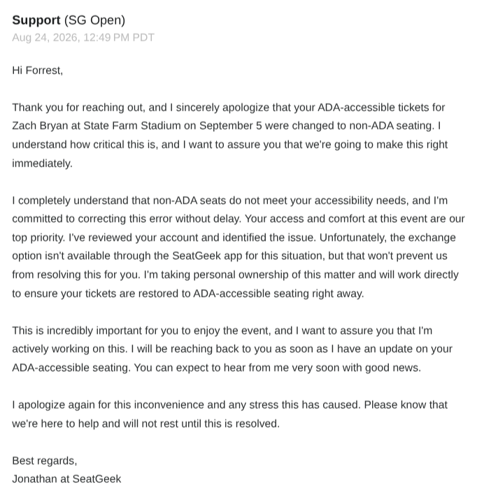 SG_EMAIL_1 - SeatGeek Support initial response acknowledging the error and promising ADA seating