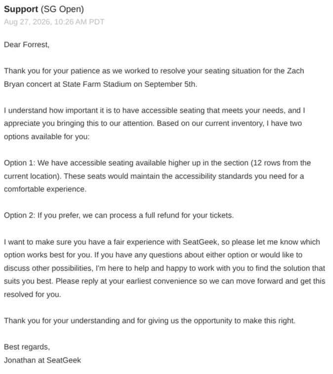 SG_EMAIL_2 - SeatGeek Support offers Option 1 (ADA seating 12 rows up) or Option 2 (refund)