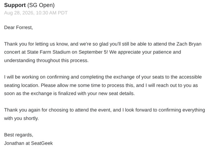 SG_EMAIL_4 - SeatGeek Support confirms processing the ADA seat exchange