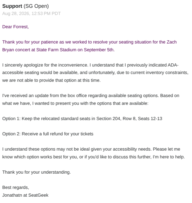 SG_EMAIL_5 - SeatGeek Support reneges, says ADA seating not available due to inventory constraints