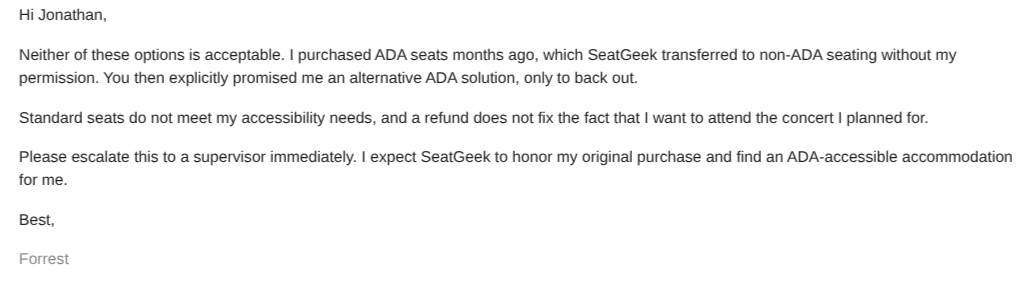 Email screenshot: SeatGeek final response - no ADA seats available